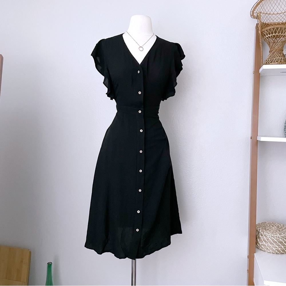Lulu's Black Button-Front Midi Dress with Flutter Sleeves